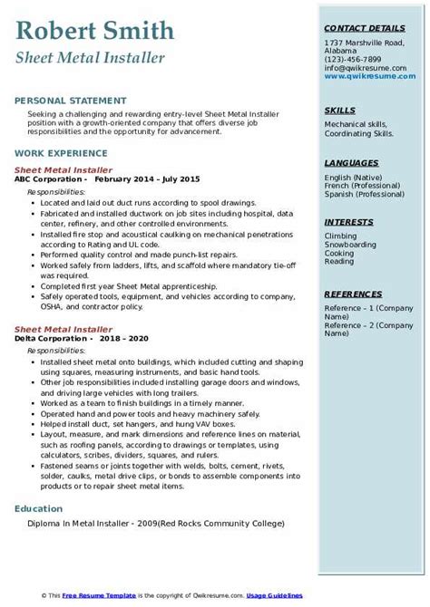 sheet metal worker resume example|sheet metal installer resume.